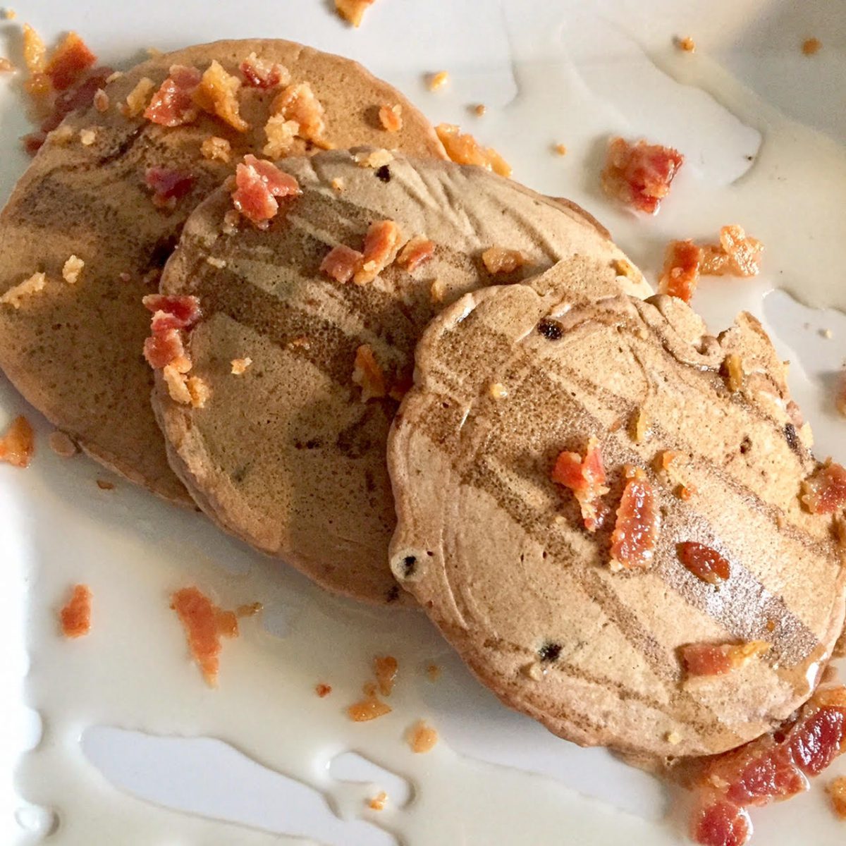 chocolate macadamia nut pancakes with bacon