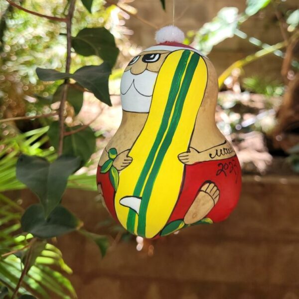 Santa Surfing Hand Painted Gourd by Anna Baniolessi