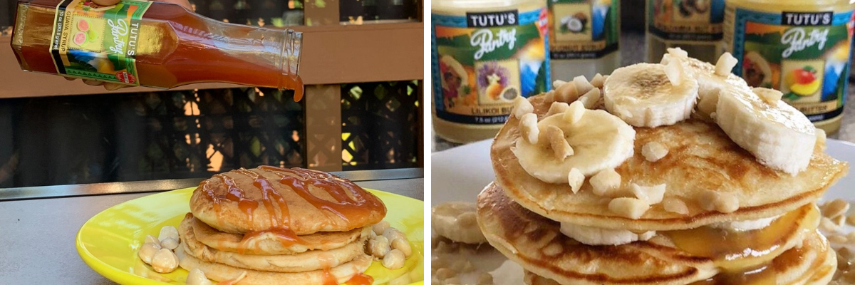 Pancakes with Tutu's Pantry butter and syrup, a favorite pantry essential for breakfast