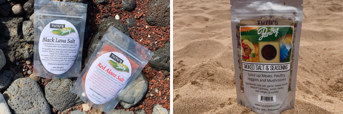 Pantry essentials finishing salts: Black lava salt, Red Alaea Salt, and Smoked Salt from Tutu's Pantry