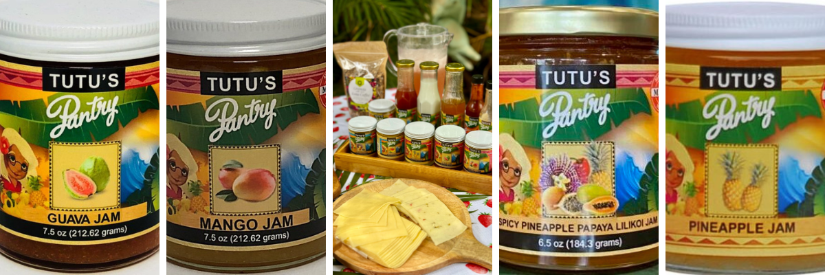 Tutu's Pantry Goodies made in Hawaii with Aloha 5 Tropical jam pairings with cheese displayed alongside bottles of jam