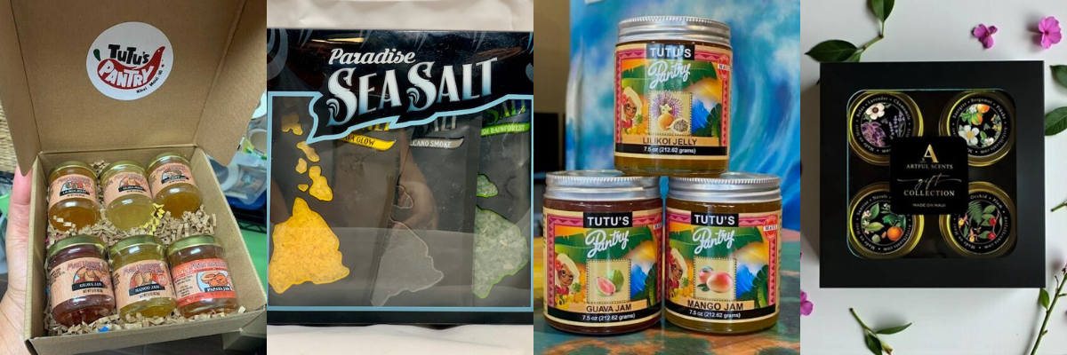 Variety of colorful food products displayed.